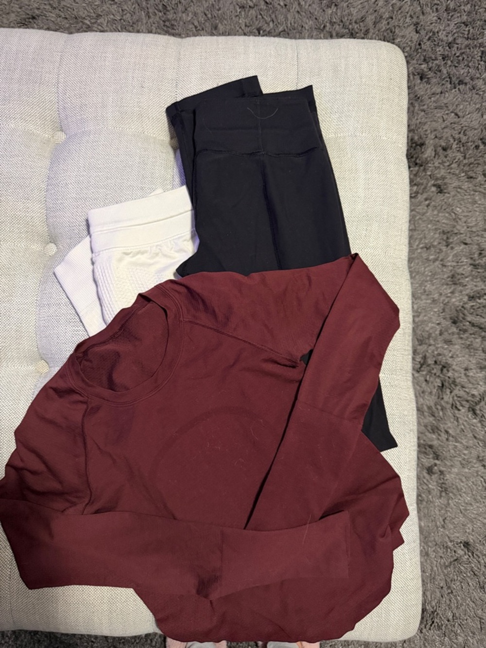 lululemon athletica Burgundy Long Sleeve Top with Black and White Leggings